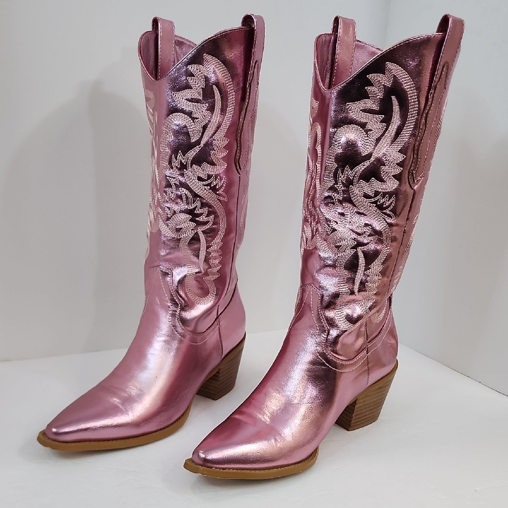 Pink Metallic Western-Style Women's Cowgirl Boots, Size 8
